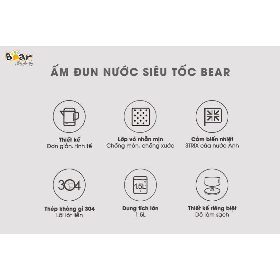 Ấm siêu tốc Bear dung tích 1.5l, ấm đun nước sôi nước nhanh chỉ trong 5p, bảo hành chính hãng 18 tháng ZDH-B15T1