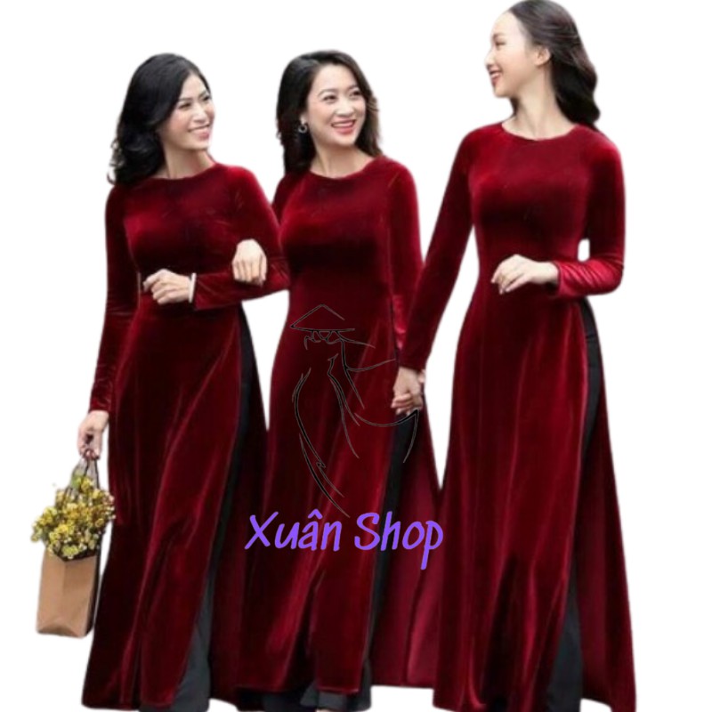 Áo dài nhung truyền thống đỏ đô đậm may sẵn