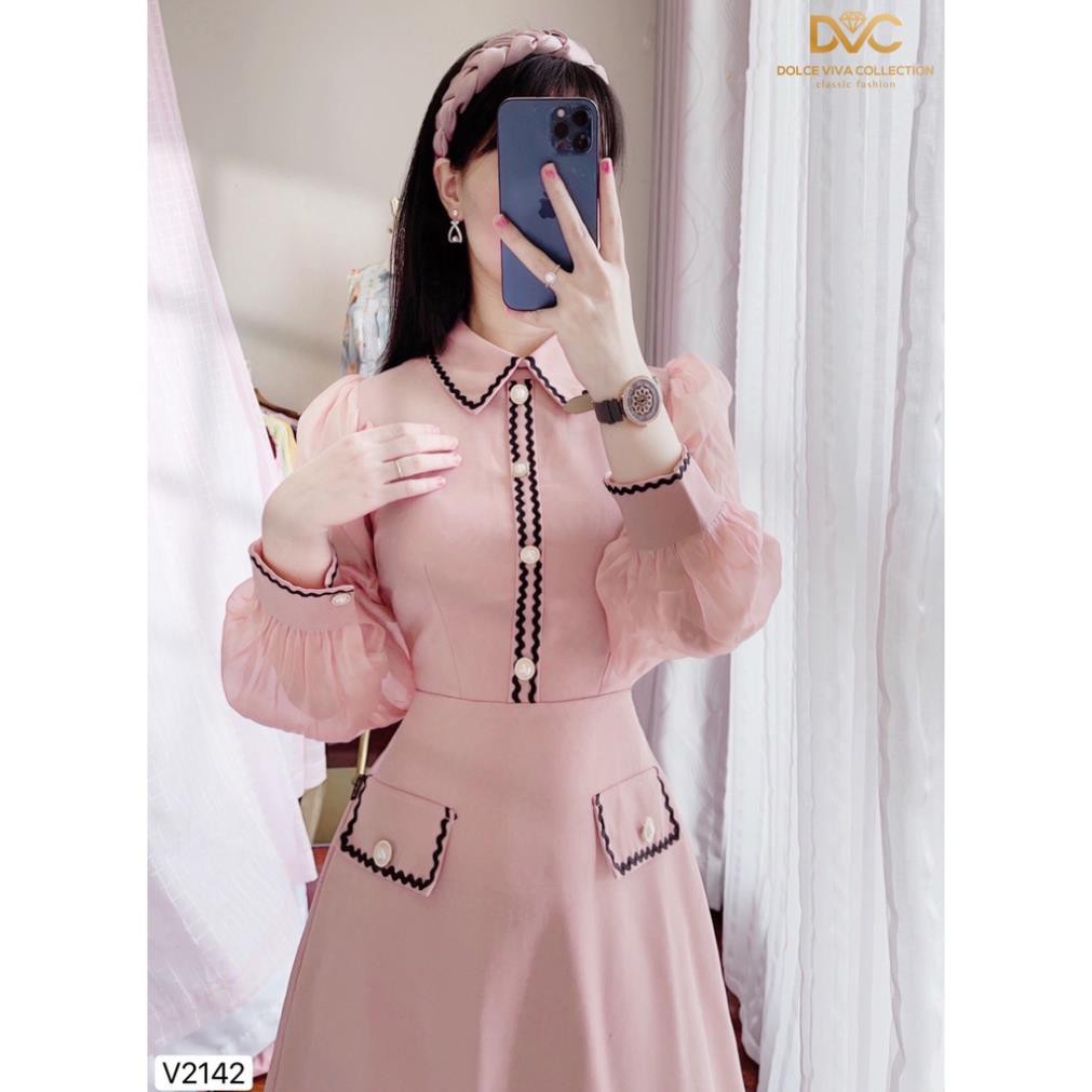 Váy đầm thiết kế cao cấp công sở dự tiệc be xòe phối V2142  - HÀ TRINH STORE | BigBuy360 - bigbuy360.vn