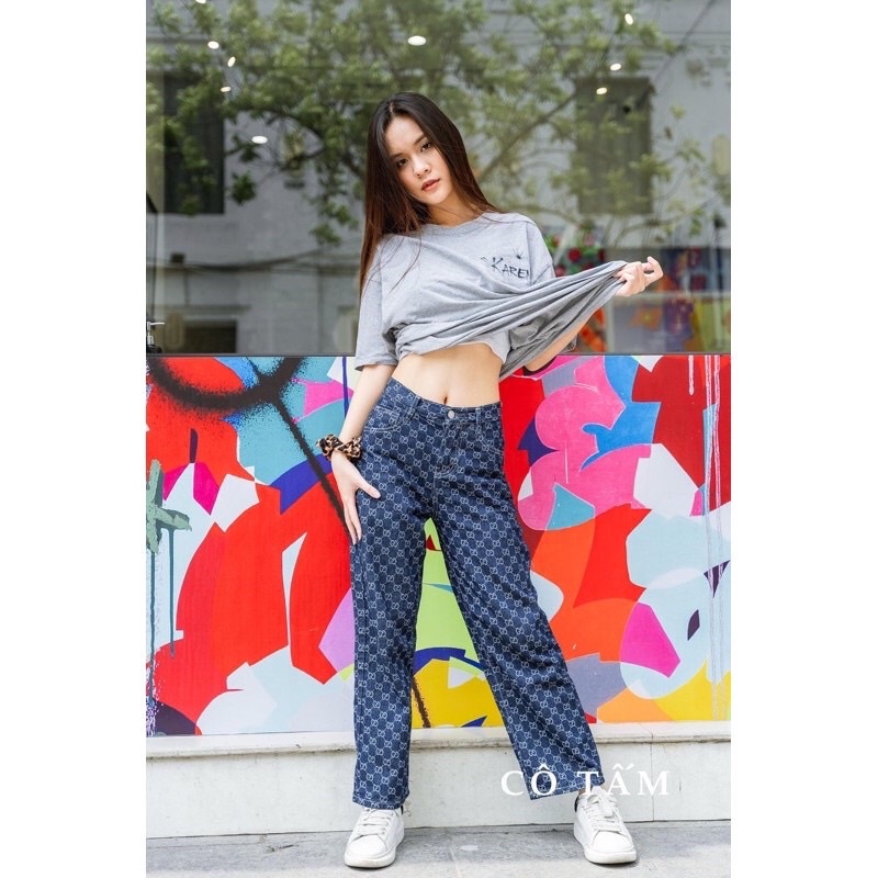 Quần Jeans Nữ ống rộng LV-Nữ In Họa Tiết  Phong Cách Hip Hop Hàn Quốc Sành Điệu Năng Động Cho Nữ