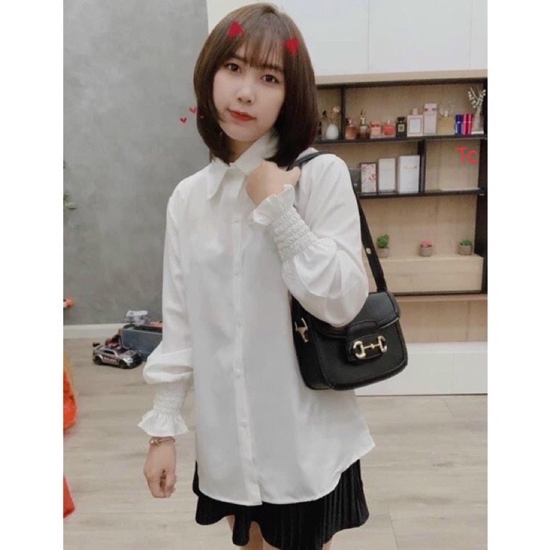 áo sơ mi trắng tay bèo dài tay áo tay chun cổ bẻ áo kiểu tiểu thư