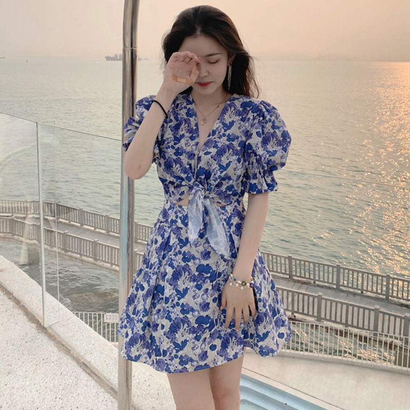 Đầm Hoa Tay Ngắn Cổ Chữ V Phong Cách Hàn Quốc Cho Nữ