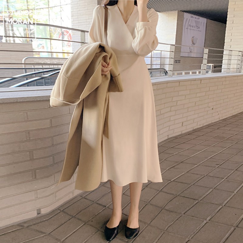 Váy dài tay mua thu MORAN cổ V vắt chéo xòe dài đơn giản thanh lịch sang trọng Korea