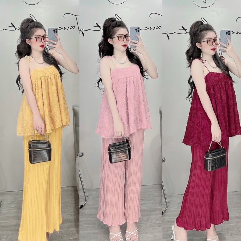 HÀNG CAO CẤP Set Áo Dây Ren Babydoll Cao Cấp Kèm Quần Dập Ly Xuông