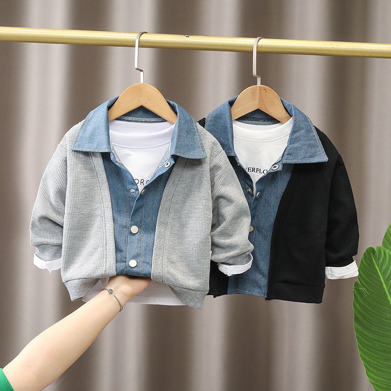 Áo Khoác Denim Dáng Rộng Giả Hai Lớp Phong Cách Hàn Quốc Thời Trang Mùa Thu Cho Nam