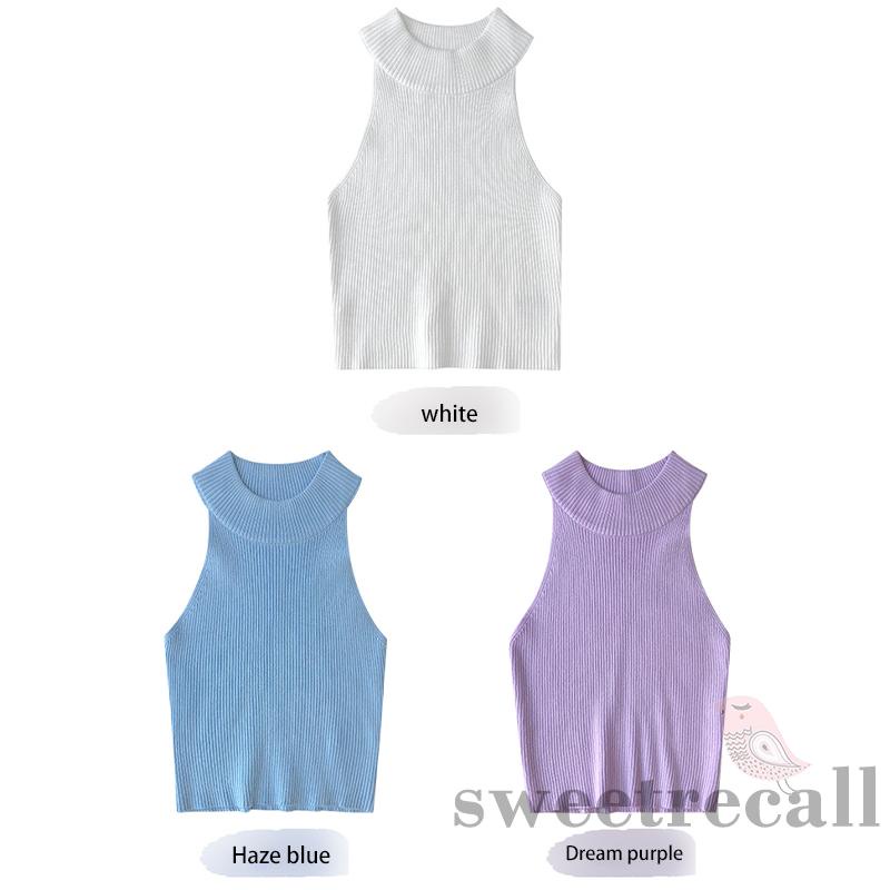 Áo Croptop Dệt Kim Sát Nách Cổ Tròn Màu Sắc Thanh Lịch