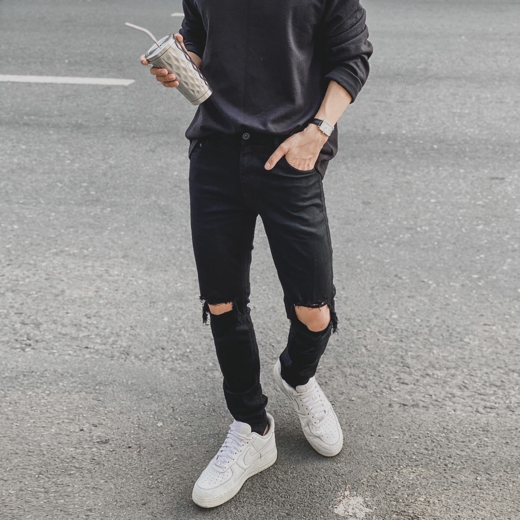 Quần jean nam streetwear cao cấp FNOS NZ5 màu đen rách gối form slimfit jean thun co giãn | BigBuy360 - bigbuy360.vn