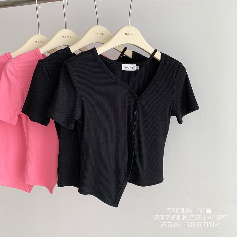 Áo Thun Tay Ngắn Dáng Ôm Xẻ Tà Kiểu Hàn Quốc Thời Trang Mùa Hè Cho Nữ