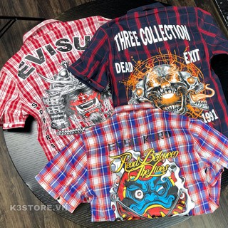 Áo sơ mi nam tay ngắn caro đỏ đen THREE COLLECTION  in dead chất kaki cotton