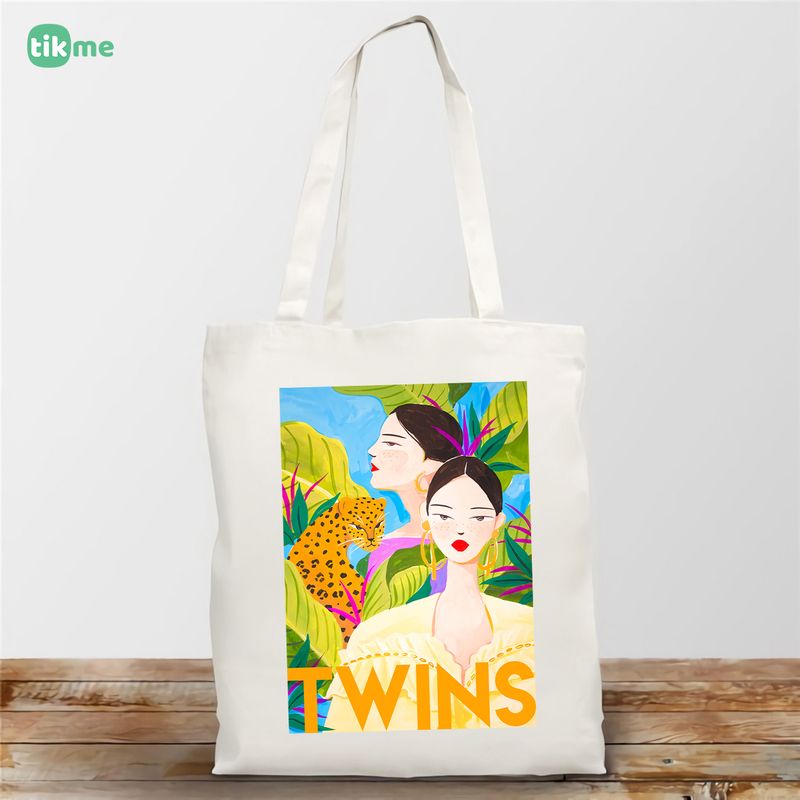 Túi Tote TIKME Vải Canvas Hai Cô Gái Phong Cách Retro Đỏ