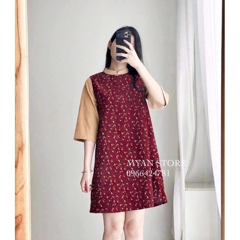 Váy nhung tăm hoa nhí cách tân tay lửng, cổ trong như hình.