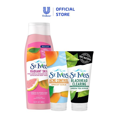 Bộ sản phẩm chăm sóc da đẹp toàn diện St.Ives tẩy da chết ngừa mụn Trái Mơ, Trà Xanh và sữa tắm Cam Chanh