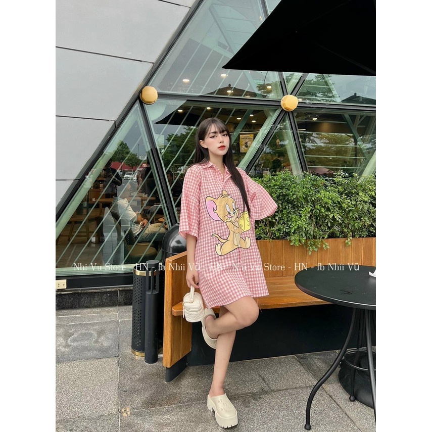 (Ưu Đãi FreeShip) Đầm caro from suông,đầm sơ mi nữ tay lỡ in hình chuột dễ thương chất kate mềm mát,diện đi đâu cũng xin