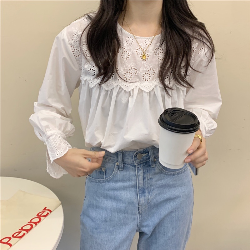 SUXI Áo Kiểu Tay Dài Cổ Tròn Phối Ren Phong Cách Hàn Quốc Thời Trang Mùa Thu Cho Nữ