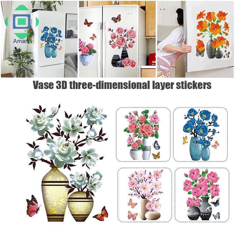 Miếng dán tường/tủ lạnh hình lọ hoa 3D chống thấm nước