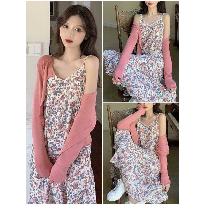 Set đầm suông voan hoa 2 dây đuồi cá cổ tim + cardigan thun gân TD
