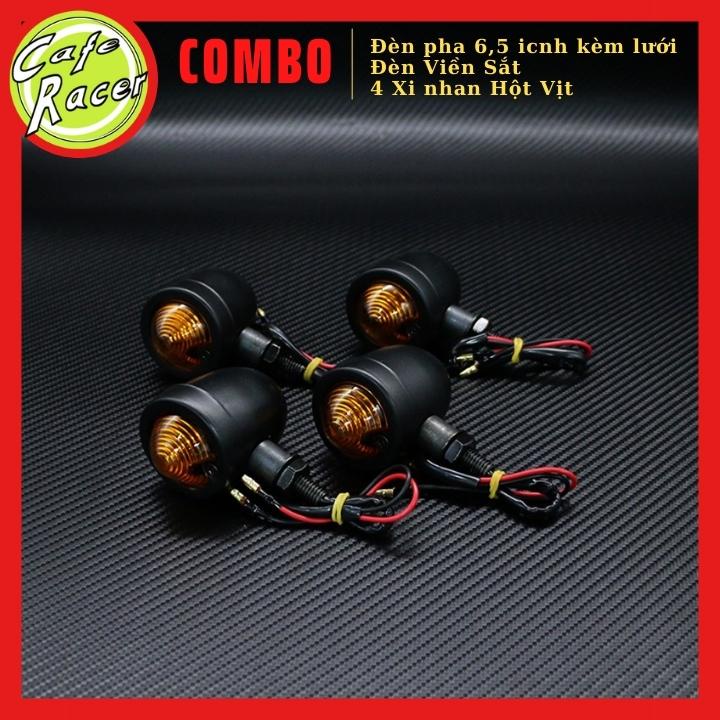 Combo đèn pha lưới 6,5icnh gáo sắt kính vàng cùng đèn hậu lưới và 4 xi nhanh lưới độ xe CAFE RACER