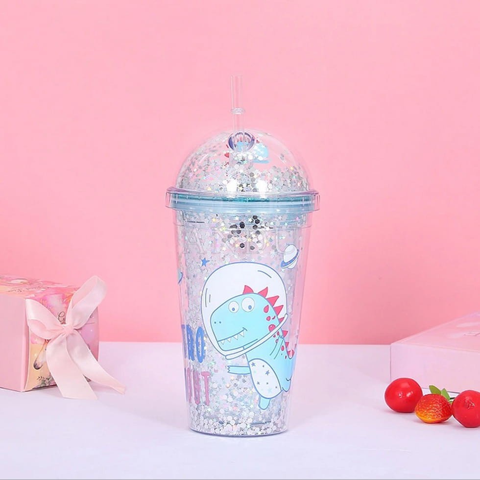 Ly Giữ Nhiệt Khủng Long 3D Kèm Ống Hút Kim Tuyến Nhiều Màu Sắc, Cốc Uống Nước Khủng long 3D 450ML