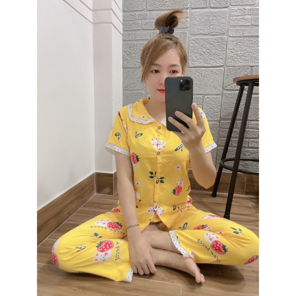 Bộ Đồ Bộ Pijama satin mềm Phối Ren Tay Ngắn Quần Dài Freesize <55kg [ảnh thật 100%] | BigBuy360 - bigbuy360.vn