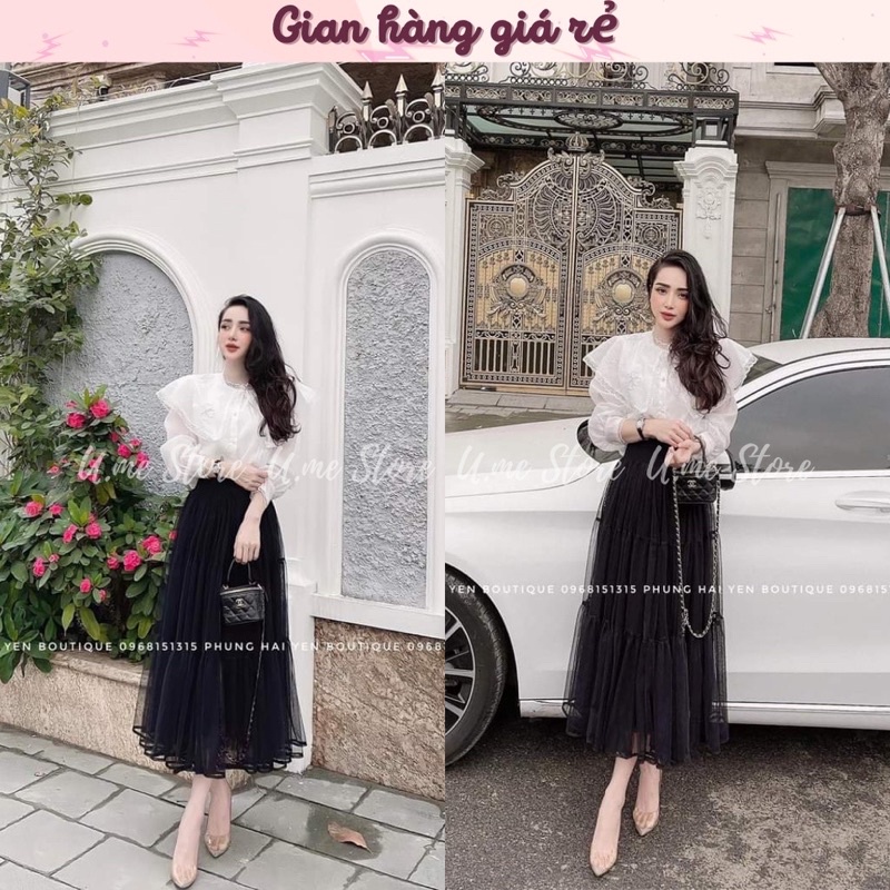 com bo áo sơ mi kiểu + váy xanh