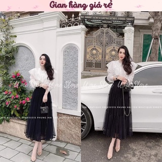 Com bo áo sơ mi kiểu + váy xanh