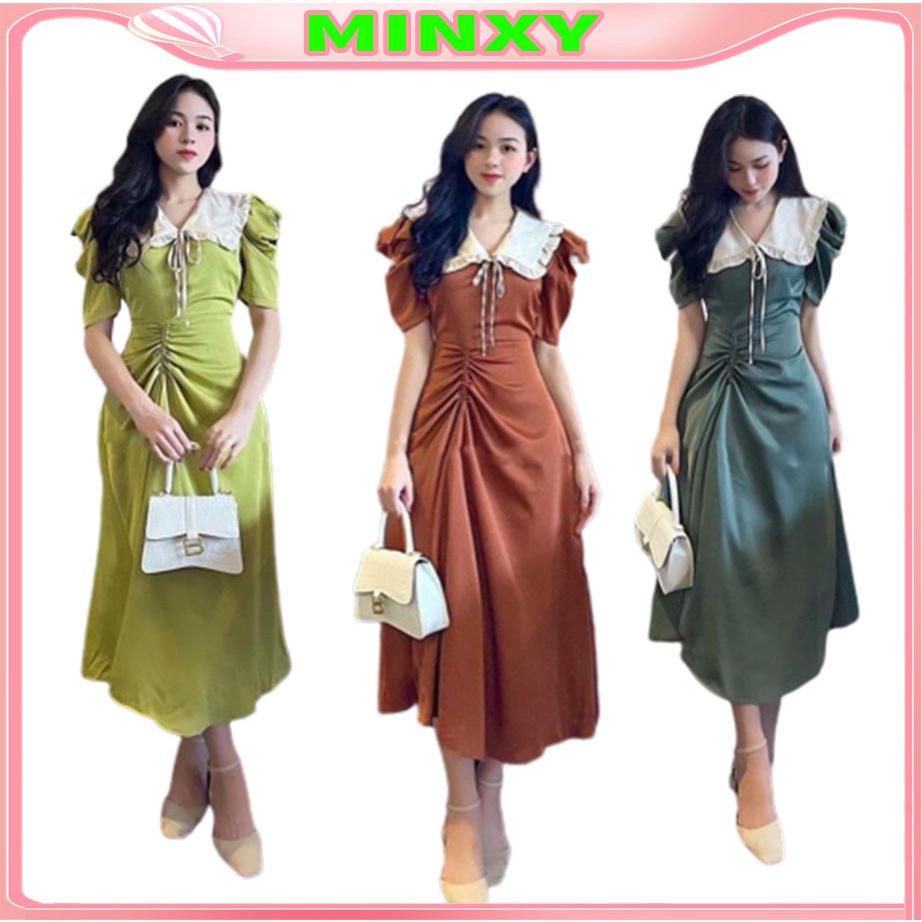 Váy phối cổ dút dây nơ đầm tiểu thư cổ phối nhẹ nhàng-MINXY SHOP