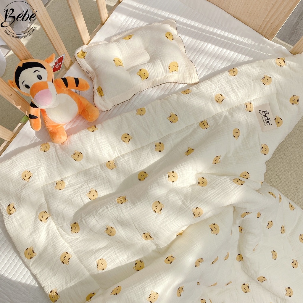 Bé Bé - Set Bộ Chăn, Gối Đầu, Gối Chặn, Chăn Ủ Họa Tiết Mặt Hổ Vàng Cho Bé