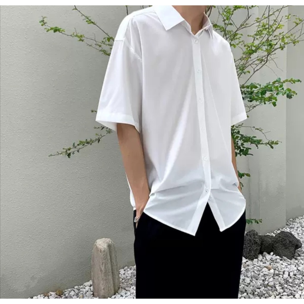 Áo sơ mi form rộng tay ngắn tay lỡ unisex nam nữ cá tính form Hàn Quốc vải lụa màu trắng đen xanh SMN02 | BigBuy360 - bigbuy360.vn