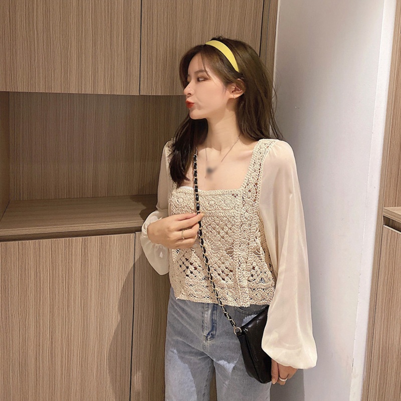 Brroa Áo Sweater Dệt Kim Dáng Rộng Tay Phồng Dài Cổ Vuông Phối Ren Hình Học Ghép Nối Cho Nữ