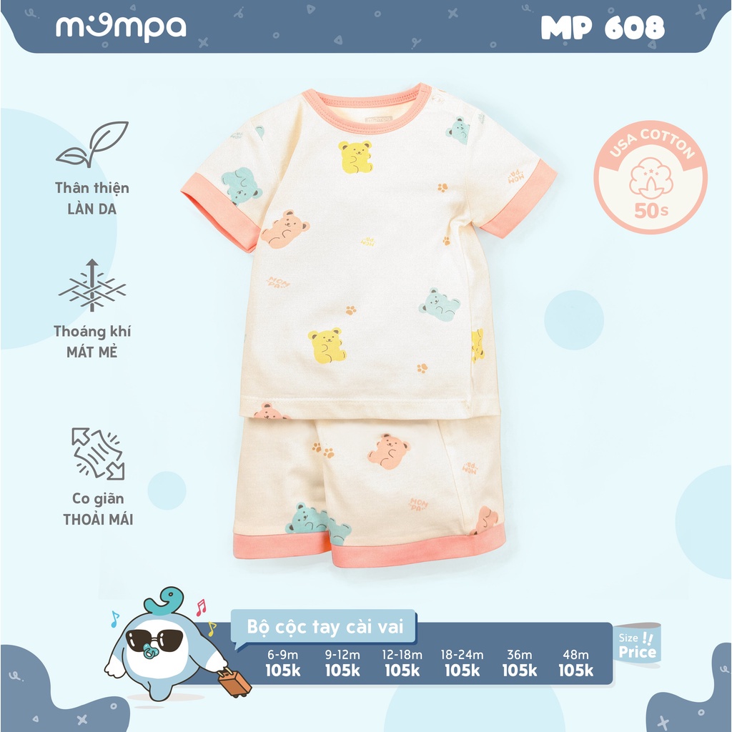 Bộ quần áo cộc tay hè Mompa 6 tháng - 4 tuổi vải cotton thoáng mát thấm hút cổ tròn cúc cổ 608