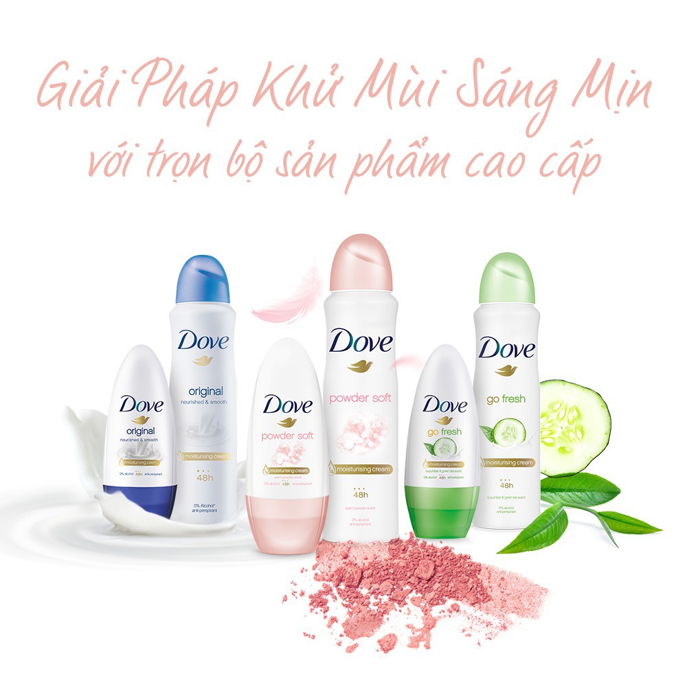 Lăn Khử Mùi Dove Original Nourised &amp; Smooth Hương Dịu Nhẹ Go Fresh Hương Dưa Leo &amp; Trà Xanh Powder Soft 40ml