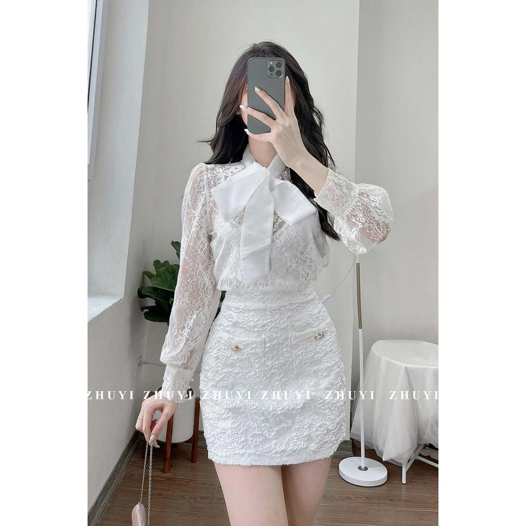 Sét sơ mi ren kèm chân váy, áo 2 dây