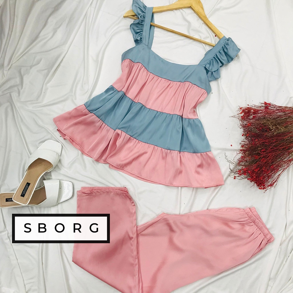 Đồ bộ mặc nhà SBORG bộ 2 dây nữ lụa latin vai tiên 3 tầng mix màu tiểu thư dễ thương phối quần dài có túi freesize 65kg