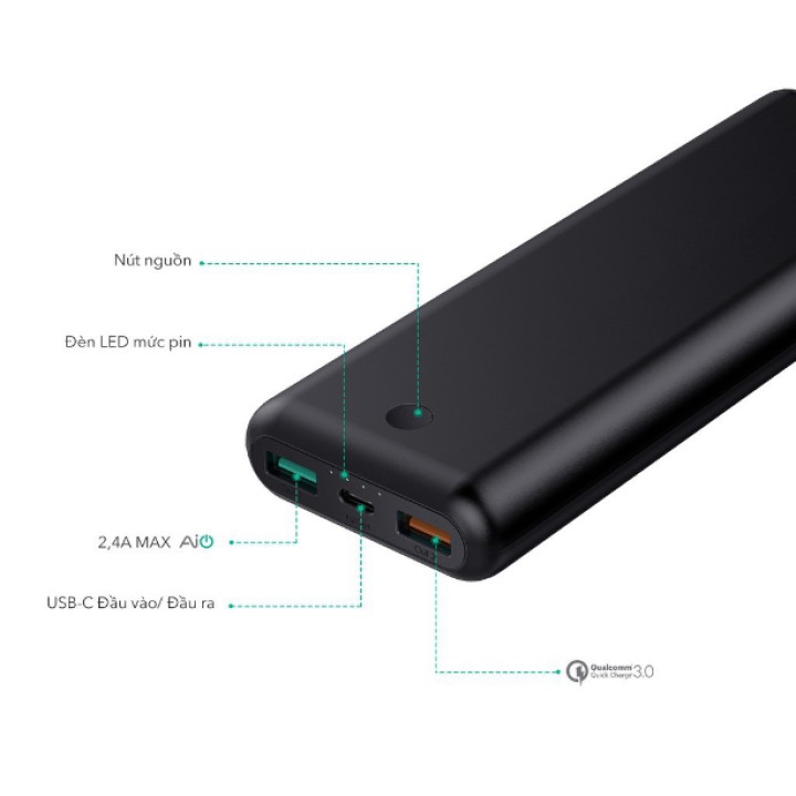 Pin Sạc Dự Phòng 20000mAh AUKEY PB-Y23 1 Cổng Sạc Nhanh QC 3.0, 1 Cổng Type C Power Delivery 18W, Hỗ Trợ Sạc Vào Bằng Cổ