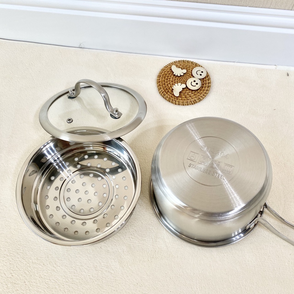 Bộ nồi Inox kèm xửng hấp Milk Pot 16cm nấu cháo, đồ ăn dặm cho bé | Nồi nấu đồ ăn dặm cho bé