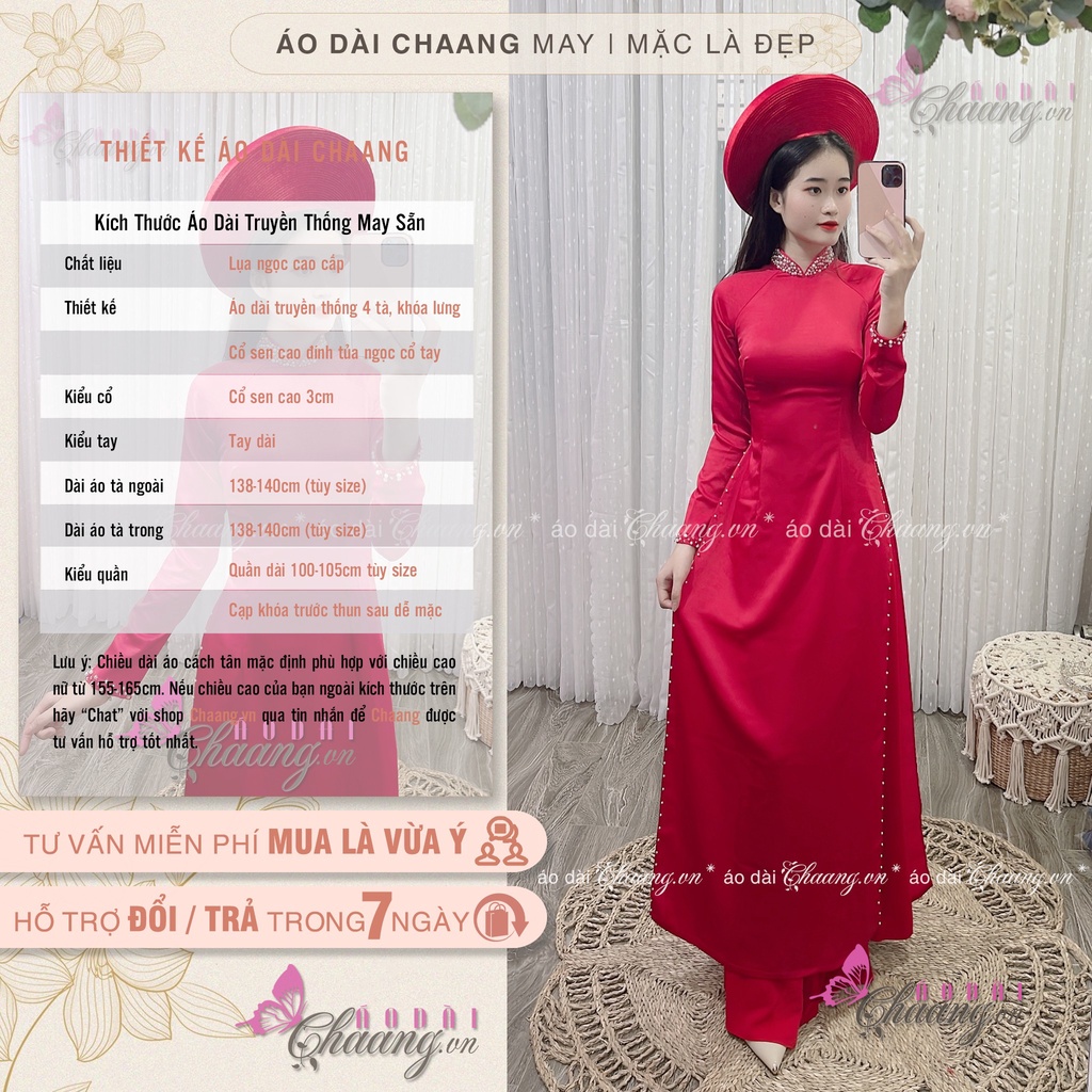 Áo Dài Cưới Truyền Thống CHAANG May Thiết Kế Sẵn 4 Tà Đính Tủa Cổ Ngọc Cô Dâu Dự Tiệc Đẹp ADC1422