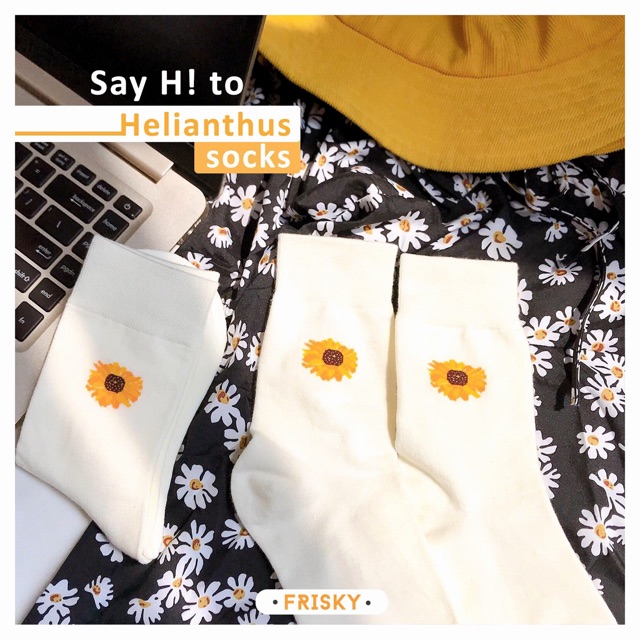 Vớ cotton Hàn Quốc, họa tiết Hoa hướng dương KHÔNG XÙ-KHÔNG DÃN, thấm hút tốt