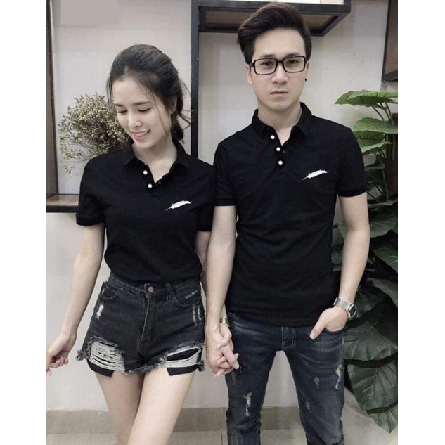 Áo đôi nam nữ màu đen, vải cá sấu loại 1