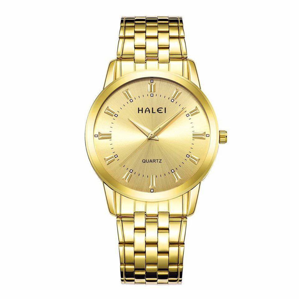 Đồng hồ nam,đồng hồ kim đeo tay nam Halei dây xích màu vàng(có size nữ)-daihuong93
