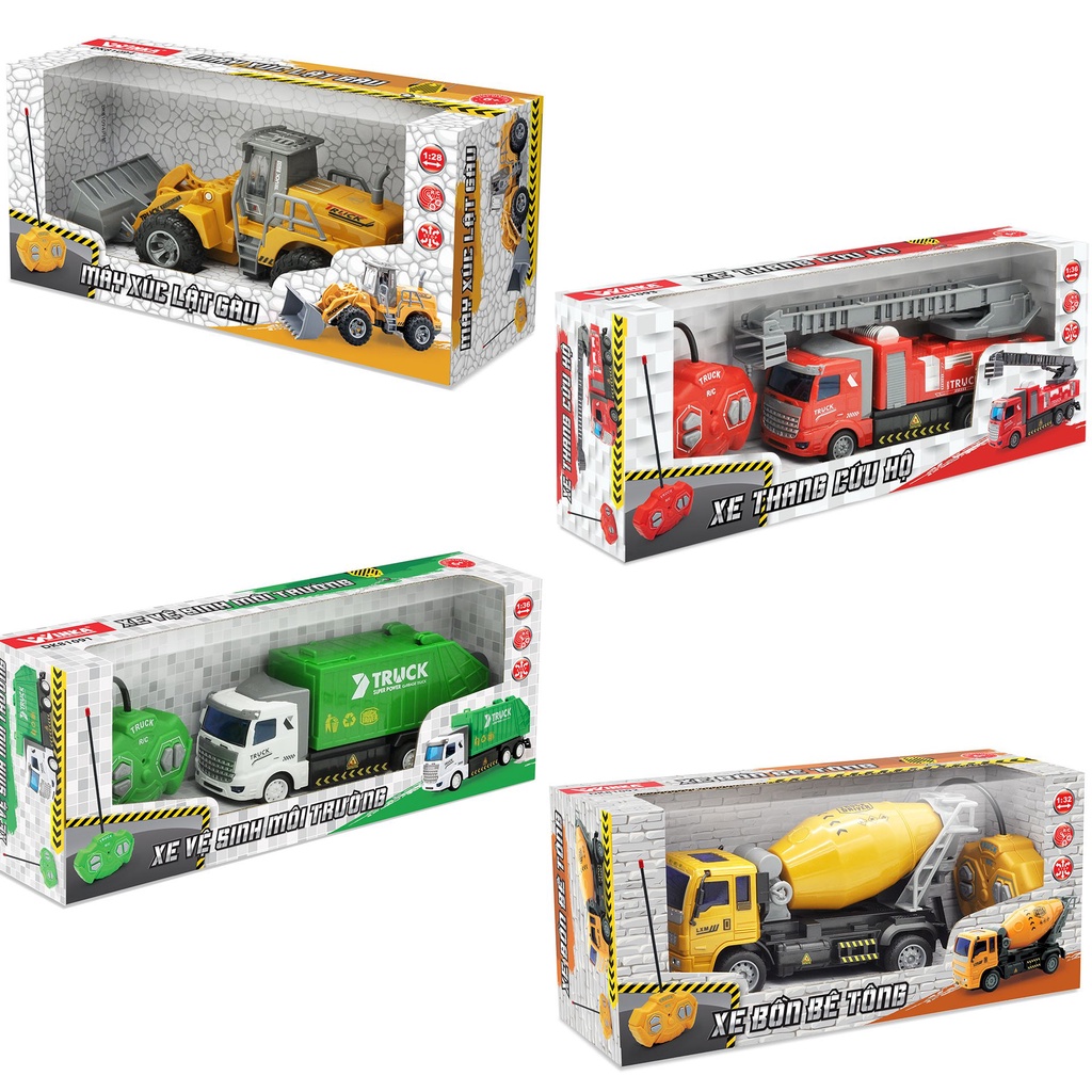 Đồ Chơi DuKa : Xe Điều Khiển -  Xe Bồn Bê Tông + Xe Thang Cứu Hộ + Máy Xúc Lật Gầu + Xe Vệ Sinh Môi Trường (Phân Loại)