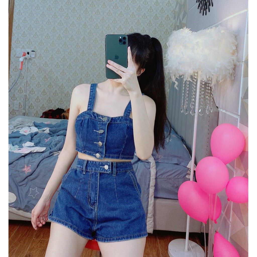 set bộ jean áo croptop 2 dây mix quần cực cá tính, ảnh thật