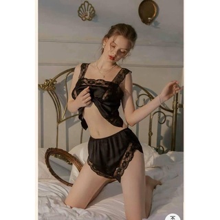 Đồ ngủ sexy hở lưng gợi cảm, set bộ phi lụa phối ren đen, size dưới 58kg