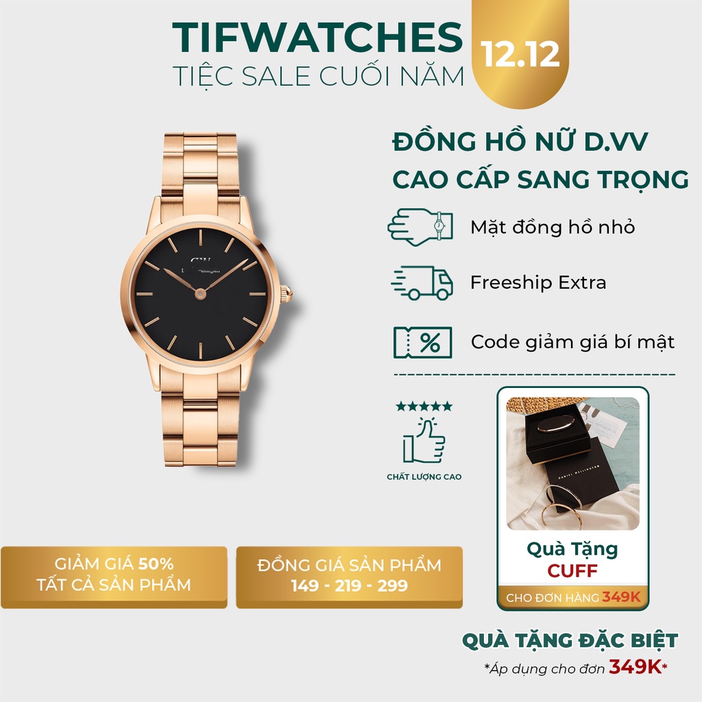 Đồng hồ cặp nam nữ dây kim loại premium D.VV lCONlC rose mặt đen đồng hồ đôi đẹp cao cấp Watchesbytif gói quà miễn phí