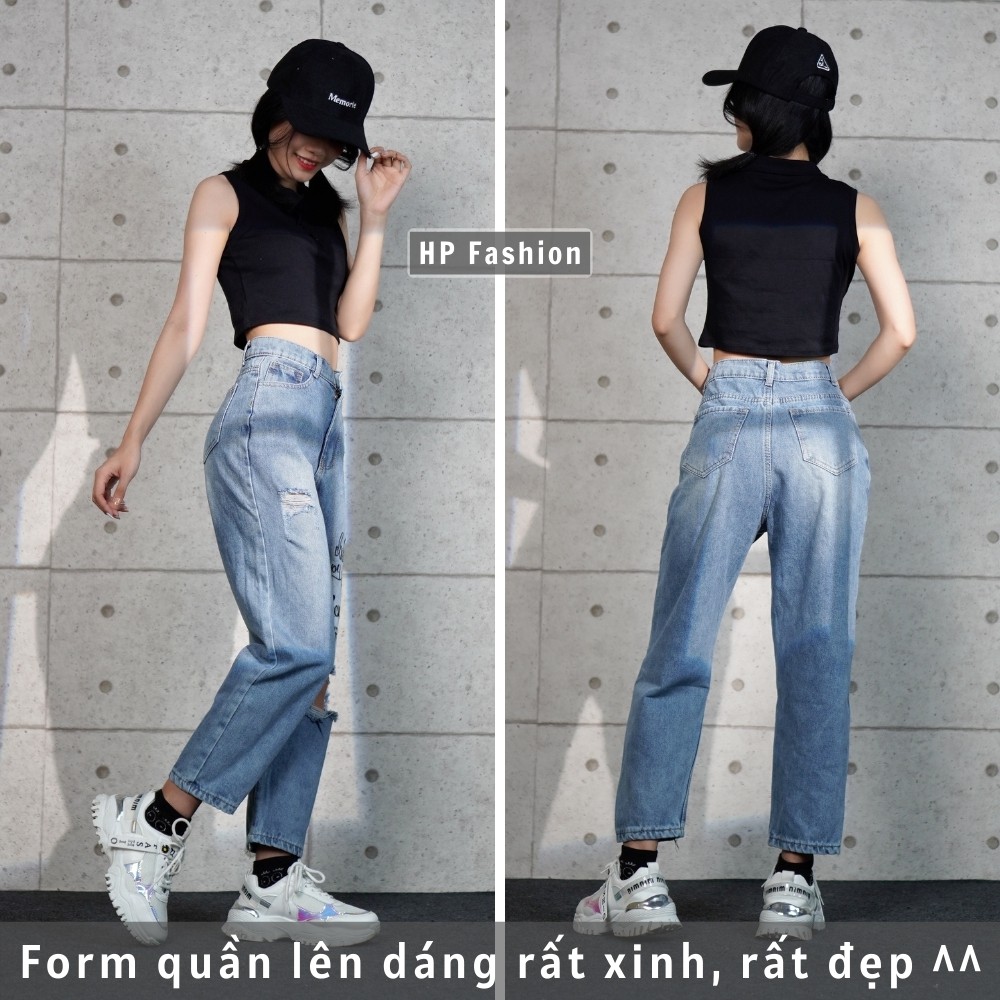 Quần baggy nữ ❤️ Quần jean cạp lưng cao in chữ rách gối cá tính, chất bò dày dặn - QJ30