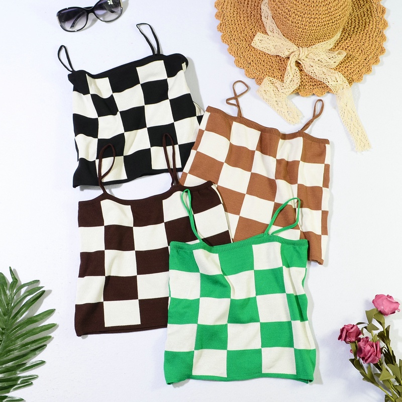 SUXI Áo Hai Dây Dệt Kim Ôm Dáng Kẻ Sọc Ca Rô Kiểu Retro Hàn Quốc