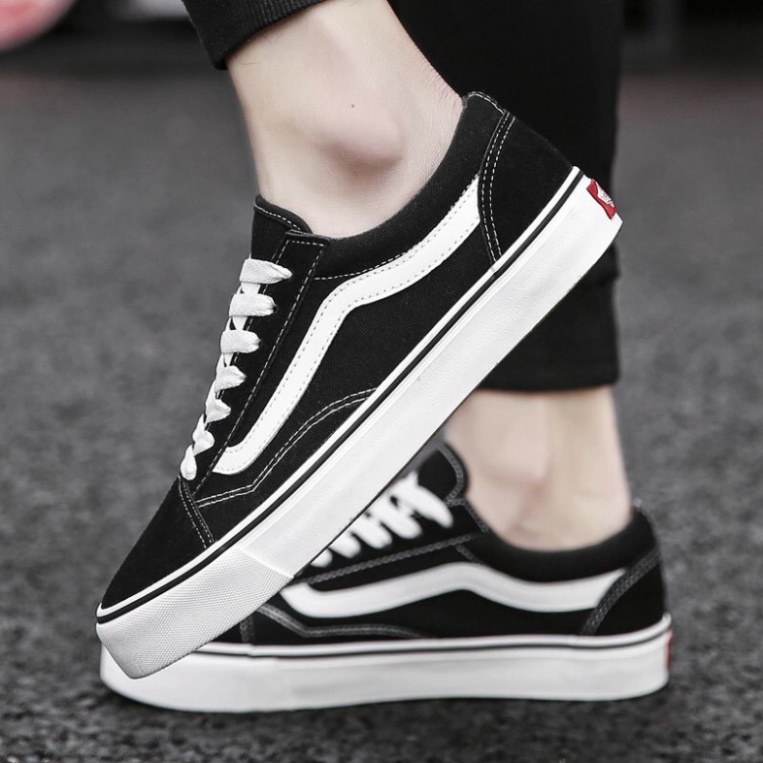 Giày Vans Old Skool cao cấp full bill box, Giày Sneaker dáng thể thao đen kẻ trắng nhung nỉ nam nữ, đế đúc chắc chắn D12