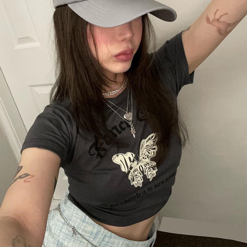 Áo Thun Ngắn Tay Cổ Tròn In Hình Bướm Xinh Xắn Dành Cho Nữ