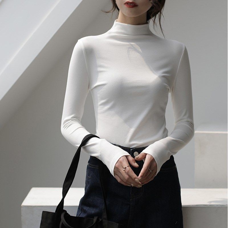 Cổ áo cao nửa lưng phối cùng sơ mi nhung nữ xuân thu 2021 phiên bản Hàn Quốc với thun dài tay sát nách sinh viê