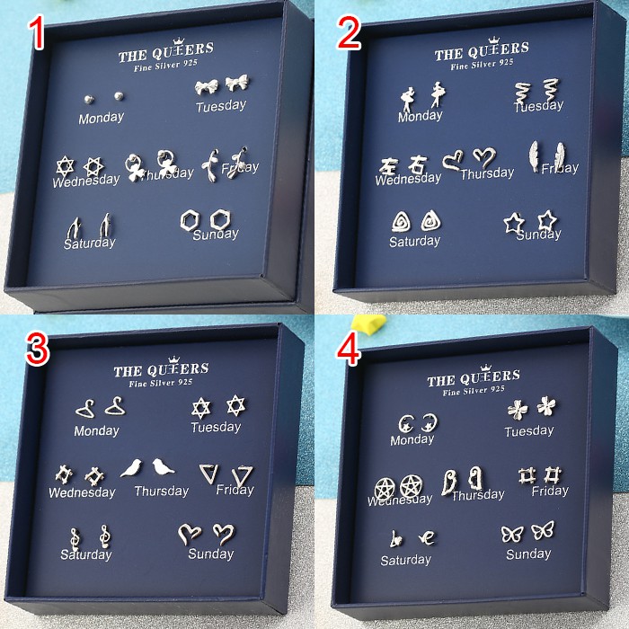 7 đôi Bông tai đinh tán bạc 925 bông tai anting nữ đinh tán Bộ trang sức hộp