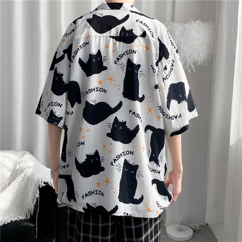 Áo Sơ Mi Tay Ngắn Dáng Rộng In Hình Mèo Hoạt Hình Chất Lượng Cao Chống Nhăn Thời Trang Mùa Hè Cho Nam